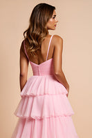 Load image into Gallery viewer, Blush Pink Tiered A Line Long Prom Dress With Ruffles
