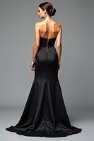 Load image into Gallery viewer, A Line Satin Sweetheart Long Black Tie Dress With Slit