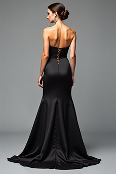 A Line Satin Sweetheart Long Black Tie Dress With Slit