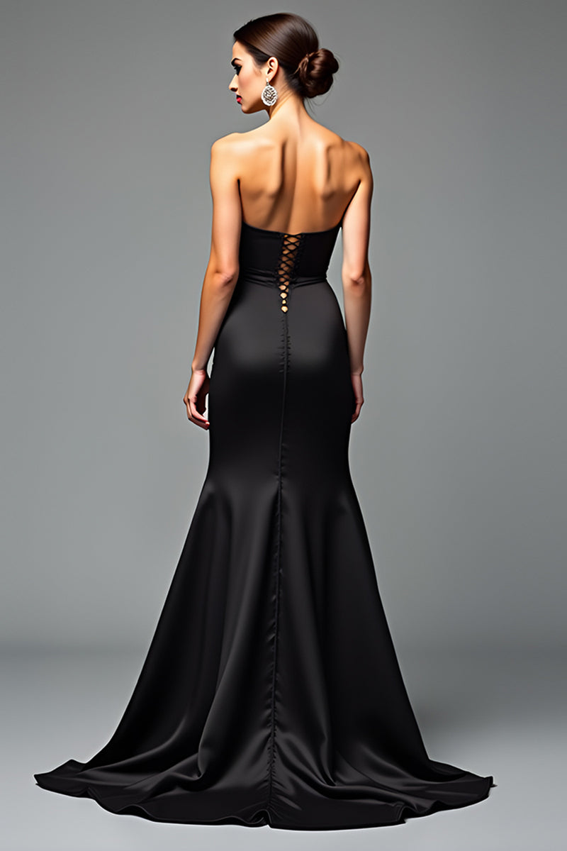 Load image into Gallery viewer, A Line Satin Sweetheart Long Black Tie Dress With Slit