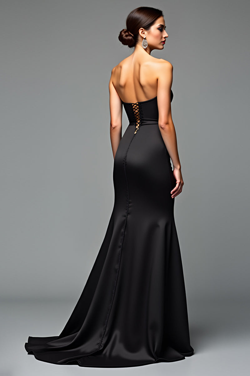 Load image into Gallery viewer, A Line Satin Sweetheart Long Black Tie Dress With Slit