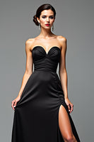 Load image into Gallery viewer, A Line Satin Sweetheart Long Black Tie Dress With Slit