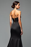 Load image into Gallery viewer, A Line Satin Sweetheart Long Black Tie Dress With Slit