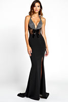 Load image into Gallery viewer, Halter Slit Long Mermaid Black Tie Dress