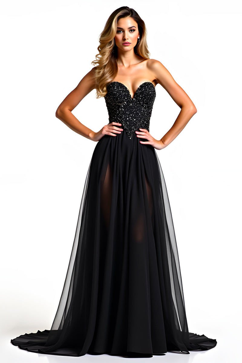 Load image into Gallery viewer, Beading Tulle Sweetheart A Line Long Black Tie Dress