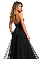Load image into Gallery viewer, Beading Tulle Sweetheart A Line Long Black Tie Dress