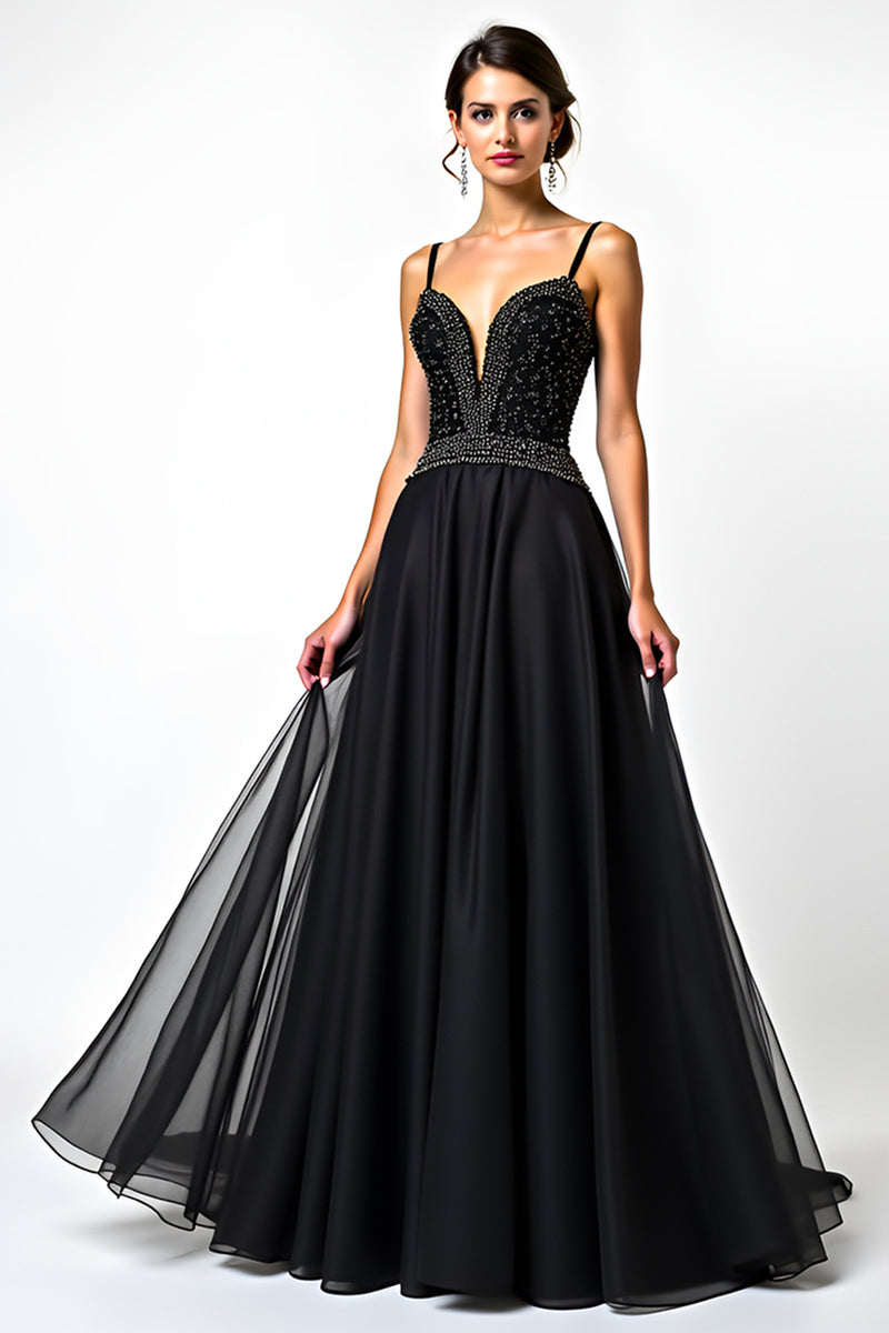 Load image into Gallery viewer, A Line Ruched Sweetheart Tulle Long Black Tie Dress