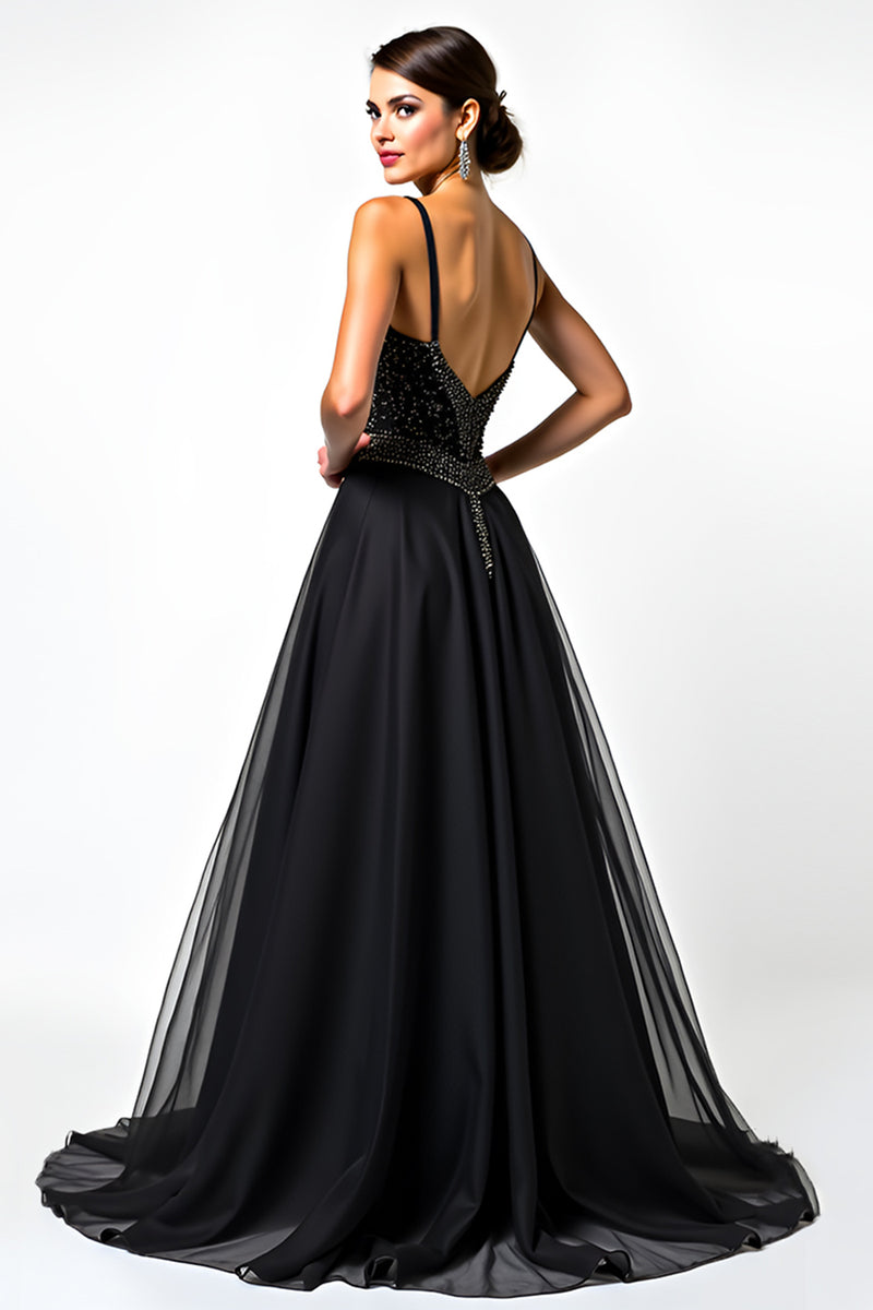 Load image into Gallery viewer, A Line Ruched Sweetheart Tulle Long Black Tie Dress