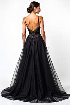 A Line Ruched Sweetheart Tulle Long Black Tie Dress