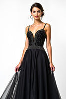 Load image into Gallery viewer, A Line Ruched Sweetheart Tulle Long Black Tie Dress