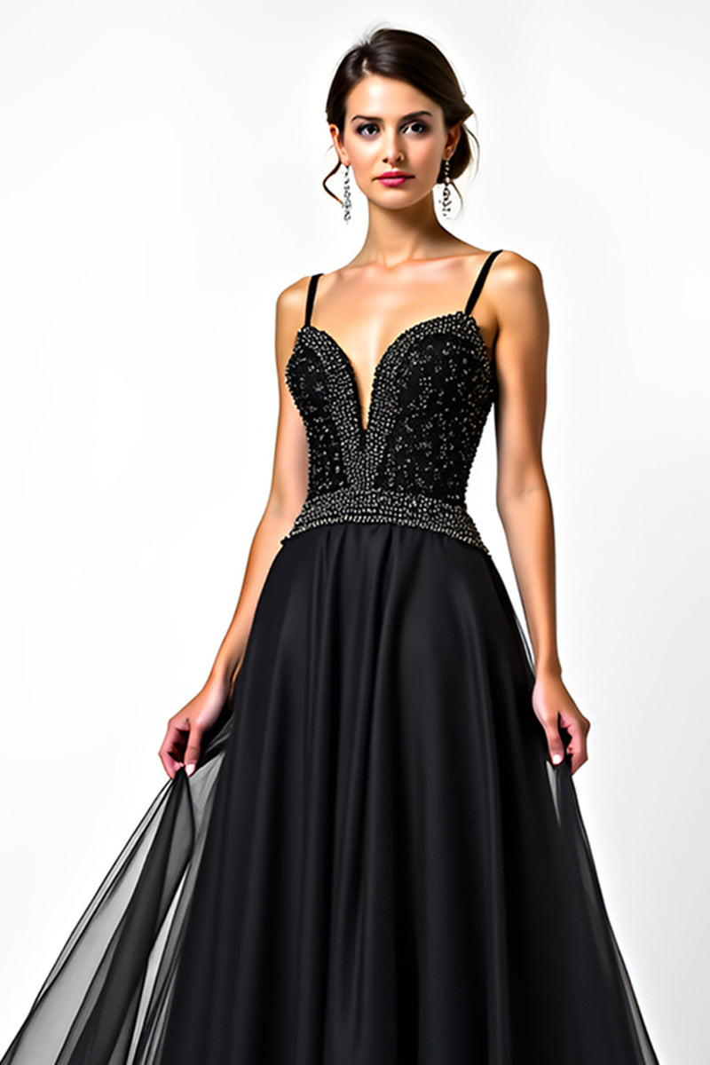 Load image into Gallery viewer, A Line Ruched Sweetheart Tulle Long Black Tie Dress