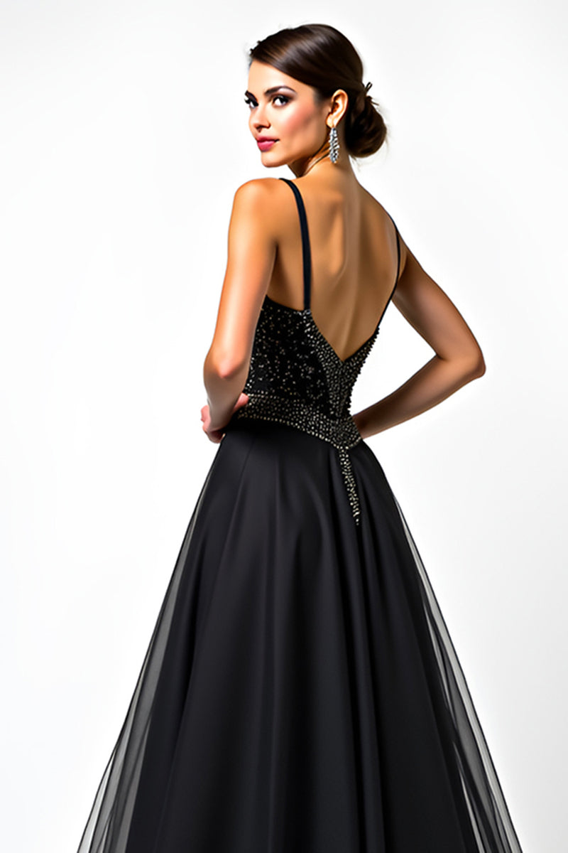 Load image into Gallery viewer, A Line Ruched Sweetheart Tulle Long Black Tie Dress