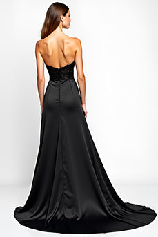 Sweetheart Corset Long Black Tie Dress With Slit