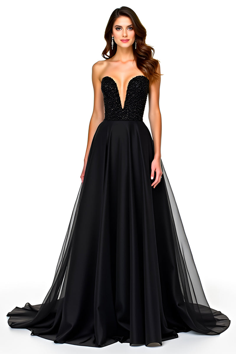 Load image into Gallery viewer, Lace Up Back A Line Long Tulle Black Tie Dress