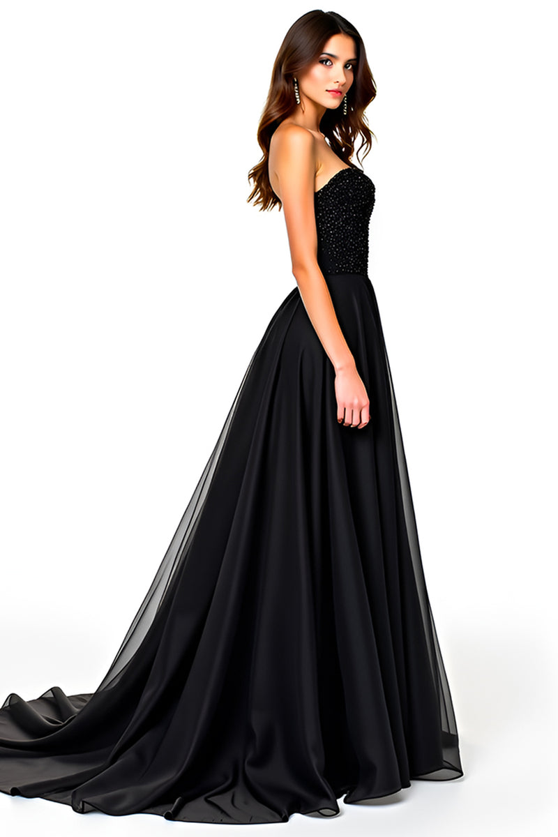 Load image into Gallery viewer, Lace Up Back A Line Long Tulle Black Tie Dress