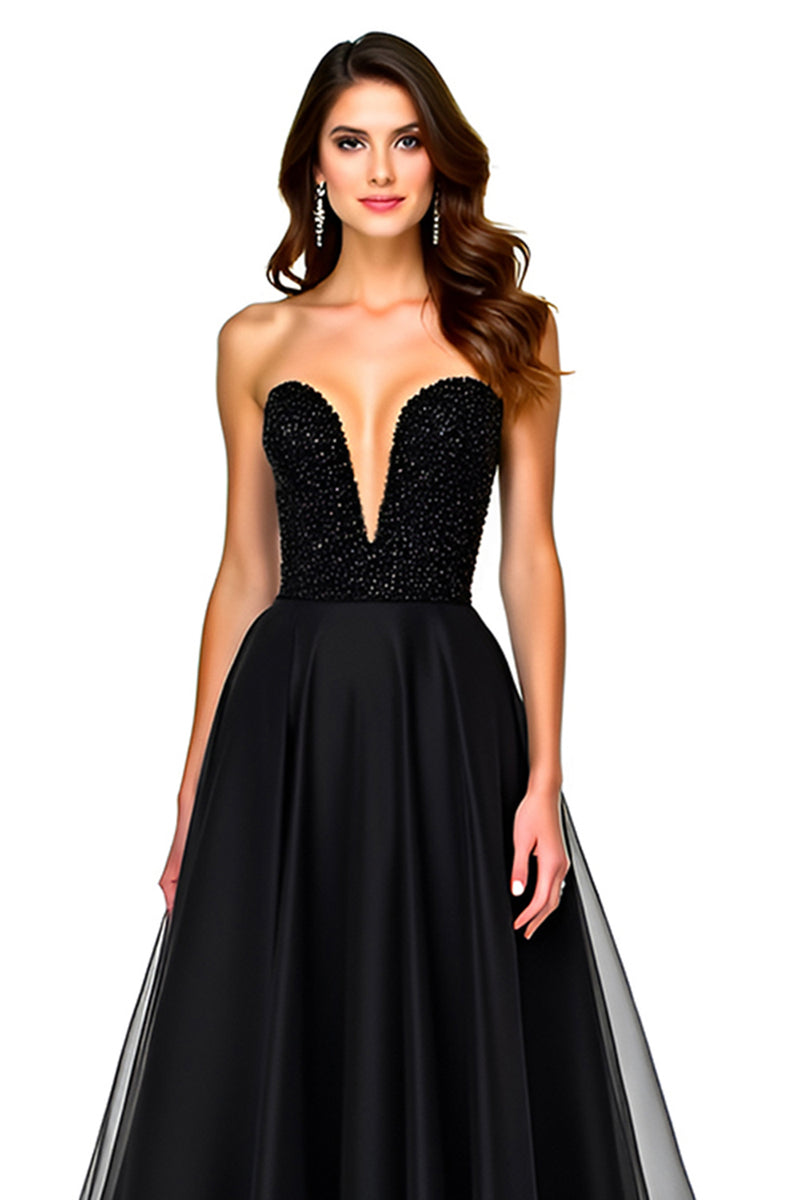 Load image into Gallery viewer, Lace Up Back A Line Long Tulle Black Tie Dress