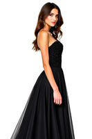 Load image into Gallery viewer, Lace Up Back A Line Long Tulle Black Tie Dress