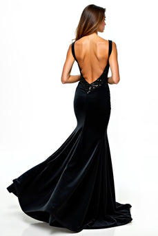 Mermaid Long Spaghetti Straps Black Tie Dress With Slit