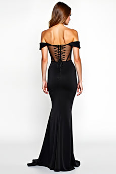 Off The Shoulder Mermaid Black Tie Dress With Slit
