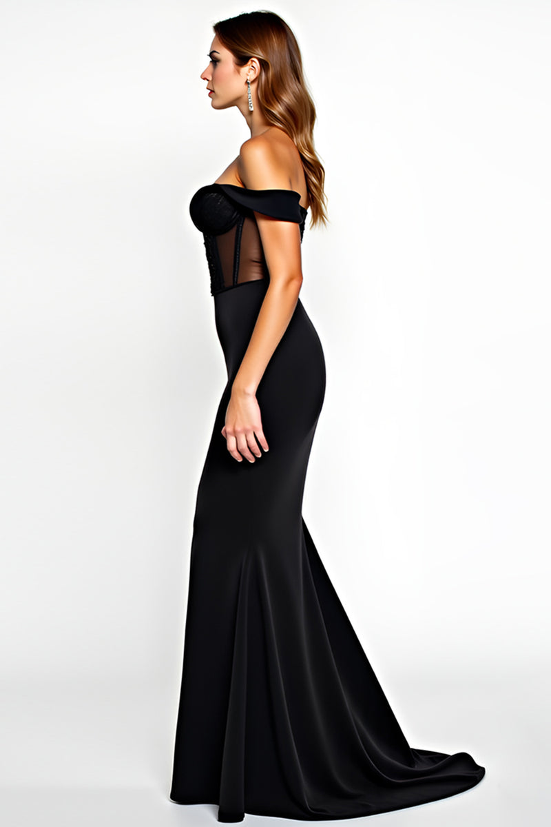 Load image into Gallery viewer, Off The Shoulder Mermaid Black Tie Dress With Slit