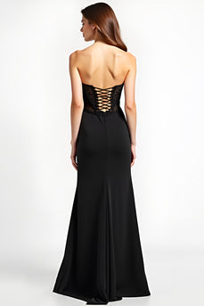 Mermaid Long Lace Up Back Black Tie Dress With Slit