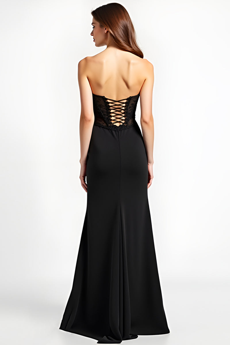 Load image into Gallery viewer, Mermaid Long Lace Up Back Black Tie Dress With Slit