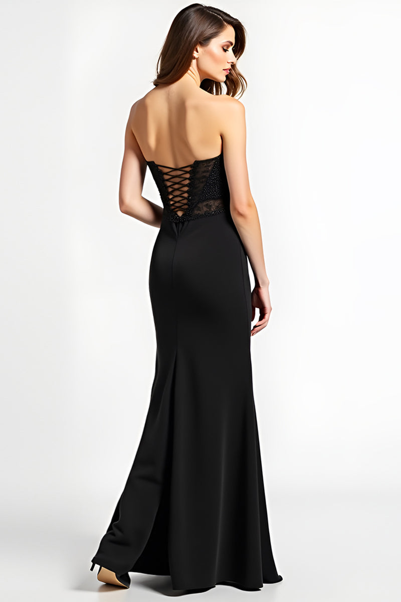 Load image into Gallery viewer, Mermaid Long Lace Up Back Black Tie Dress With Slit