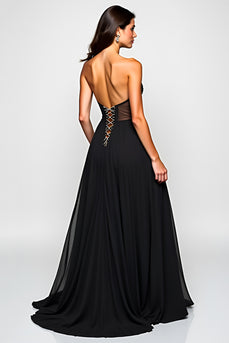 V-Neck Beaded A Line Long Black Tie Dress With Slit