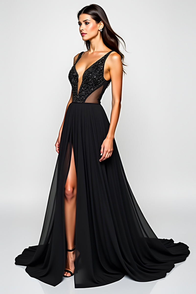 Load image into Gallery viewer, V-Neck Beaded A Line Long Black Tie Dress With Slit