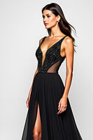 Load image into Gallery viewer, V-Neck Beaded A Line Long Black Tie Dress With Slit