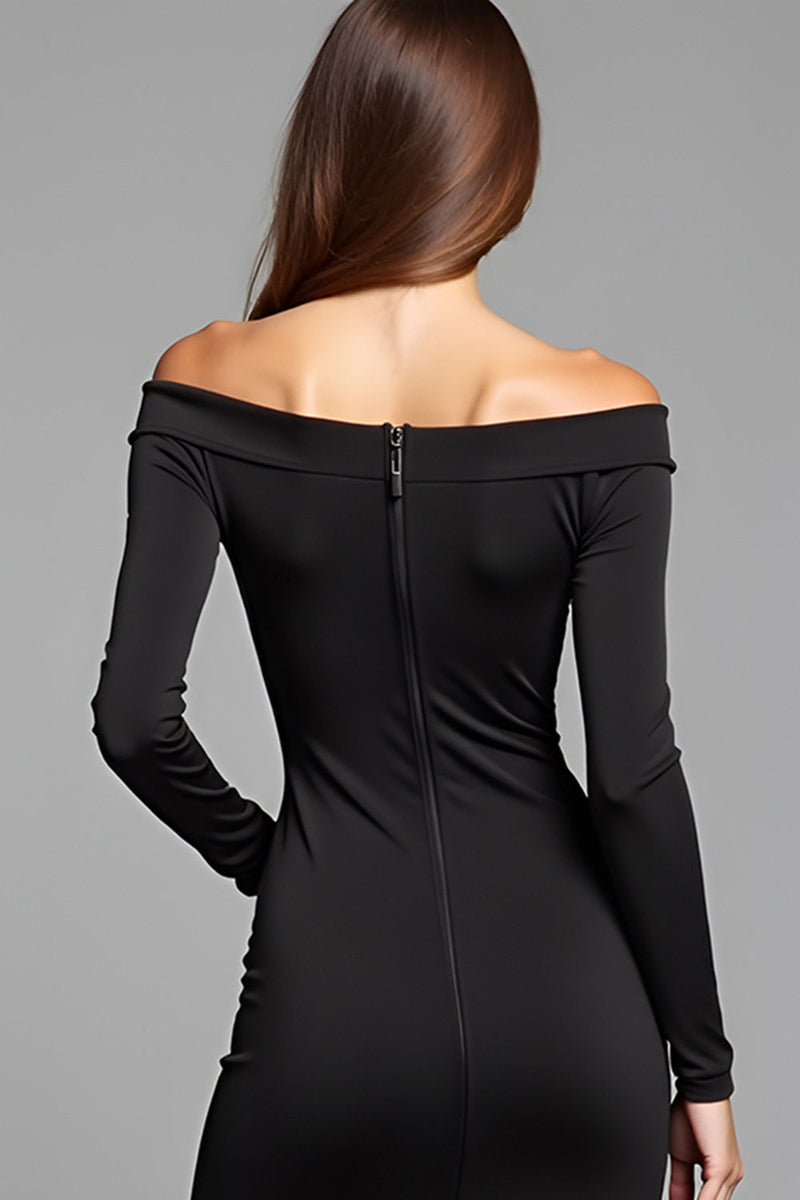 Load image into Gallery viewer, Off the Shoulder Sheath Long Sleeves Little Black Dress