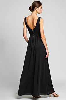 V-Neck Long A Line Black Tie Dress