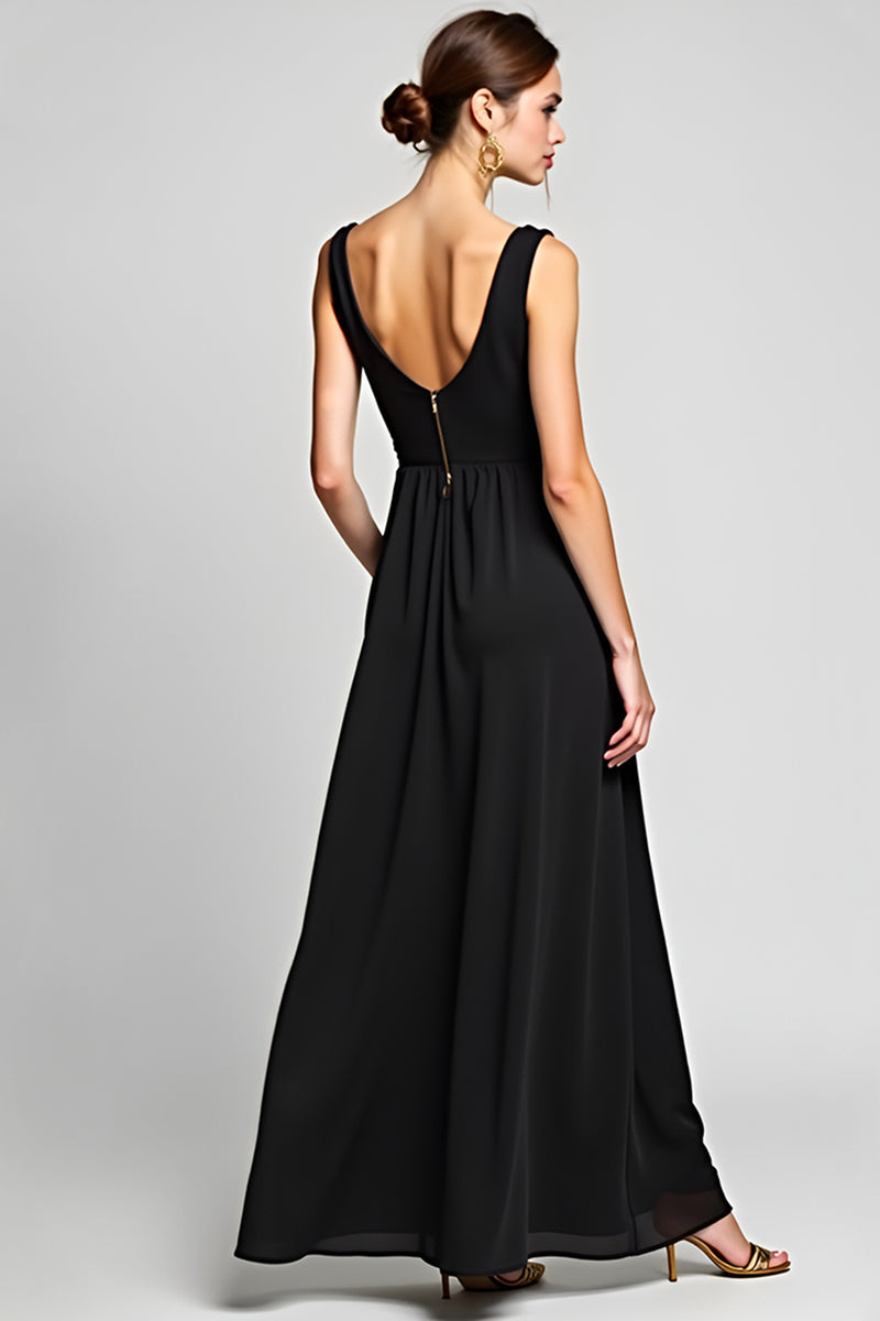 Load image into Gallery viewer, V-Neck Long A Line Black Tie Dress