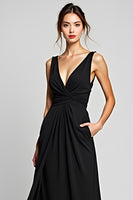 Load image into Gallery viewer, V-Neck Long A Line Black Tie Dress