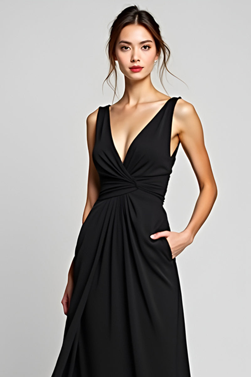 Load image into Gallery viewer, V-Neck Long A Line Black Tie Dress