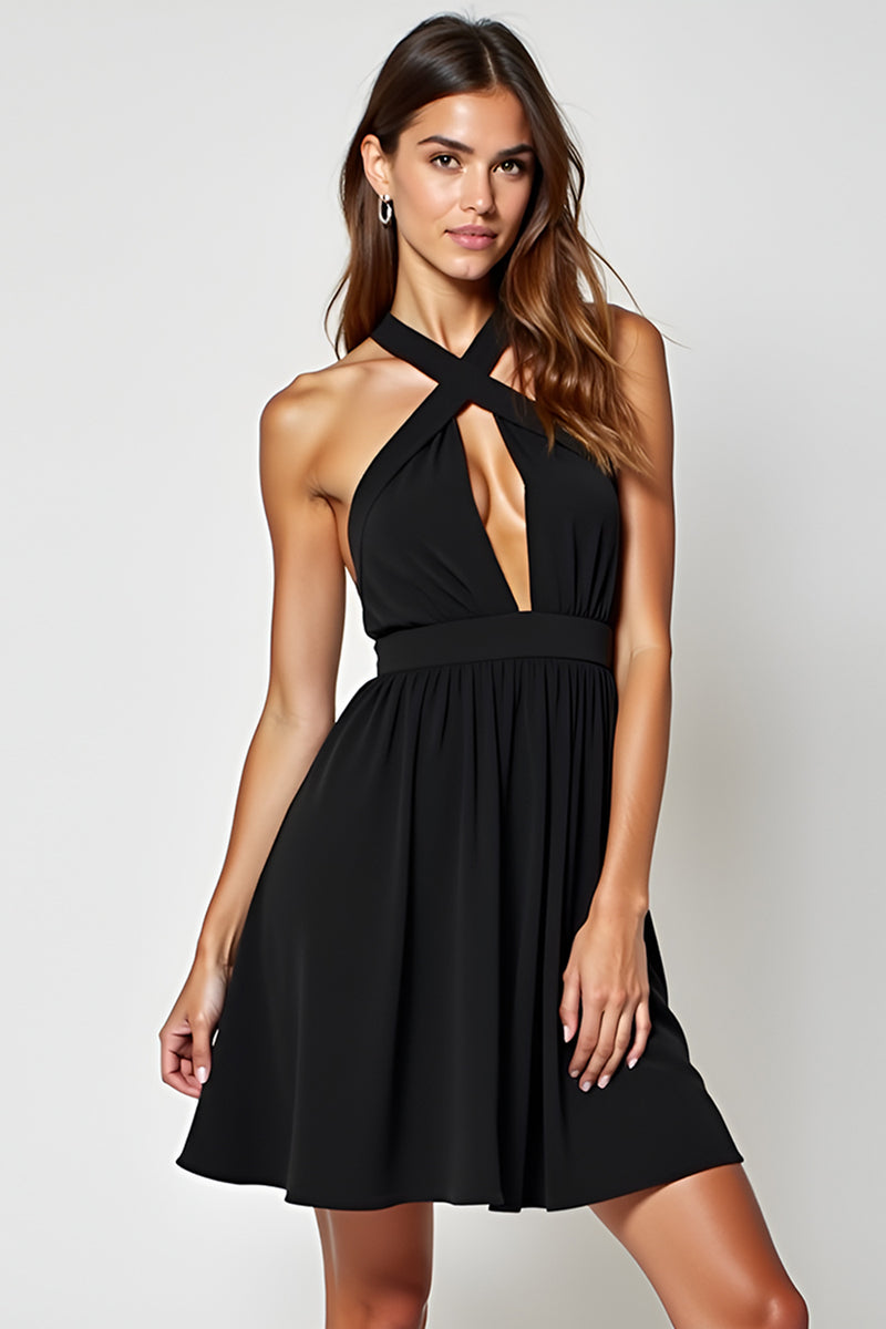 Load image into Gallery viewer, Ruched Hollow Out Knee Length Halter A Line Black Tie Dress