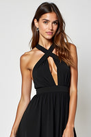Load image into Gallery viewer, Ruched Hollow Out Knee Length Halter A Line Black Tie Dress