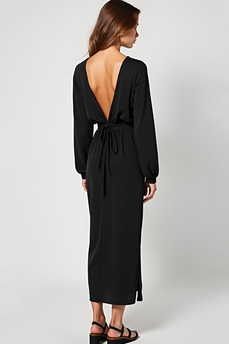 Load image into Gallery viewer, Sheath V-Neck Ruched Long Black Tie Dress