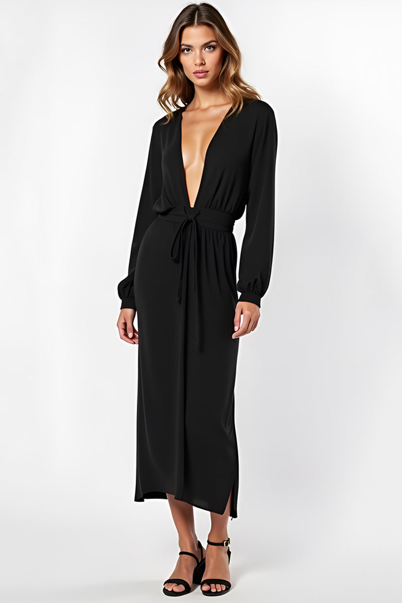 Load image into Gallery viewer, Sheath V-Neck Ruched Long Black Tie Dress