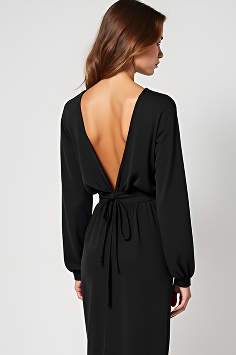 Load image into Gallery viewer, Sheath V-Neck Ruched Long Black Tie Dress