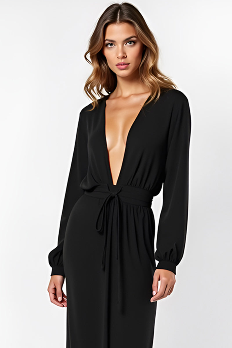 Load image into Gallery viewer, Sheath V-Neck Ruched Long Black Tie Dress