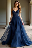 Load image into Gallery viewer, Navy Spaghetti Straps A Line Lace Long Prom Dress