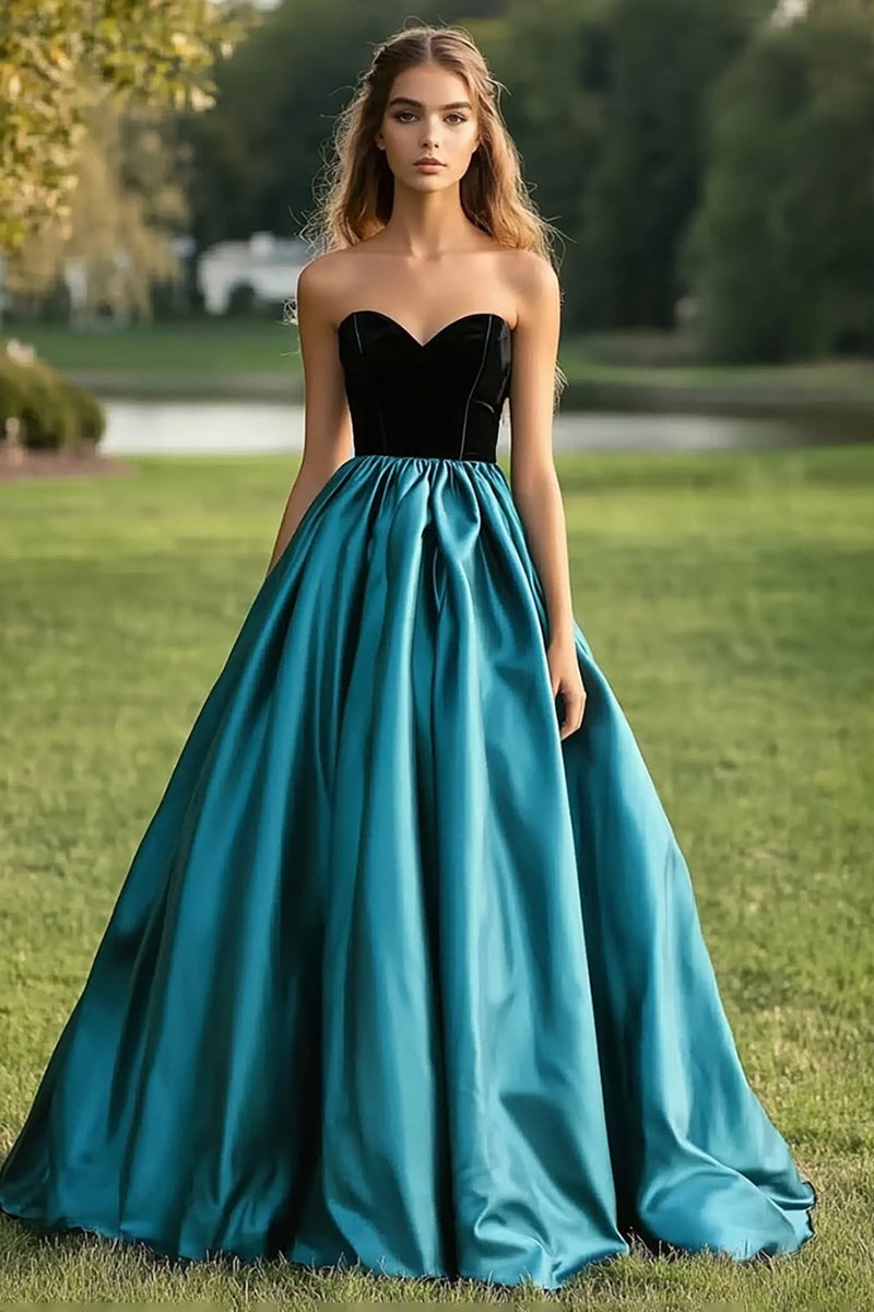 Load image into Gallery viewer, Black Peacock Blue Ball Gown Strapless Pleated Long Prom Dress