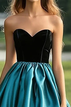 Black Peacock Blue Ball Gown Strapless Pleated Long Prom Dress
