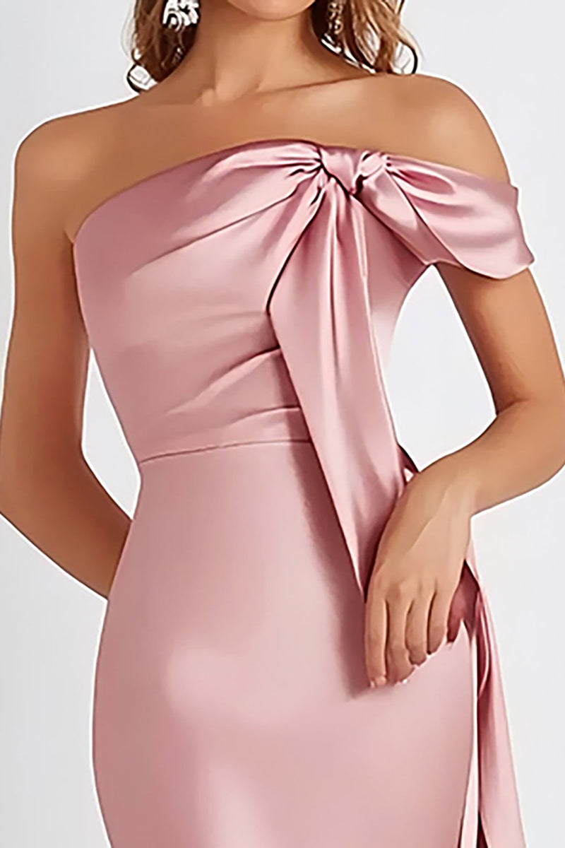 Load image into Gallery viewer, Sheath Pink Satin Pleated Strapless Formal Dress