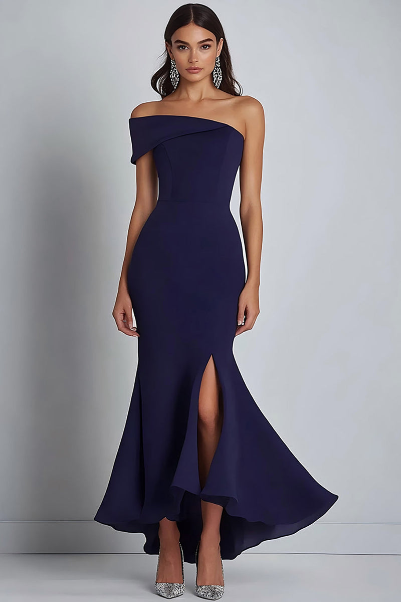 Hellymoon Women Navy Formal Dress with Slit One Shoulder Mermaid Long