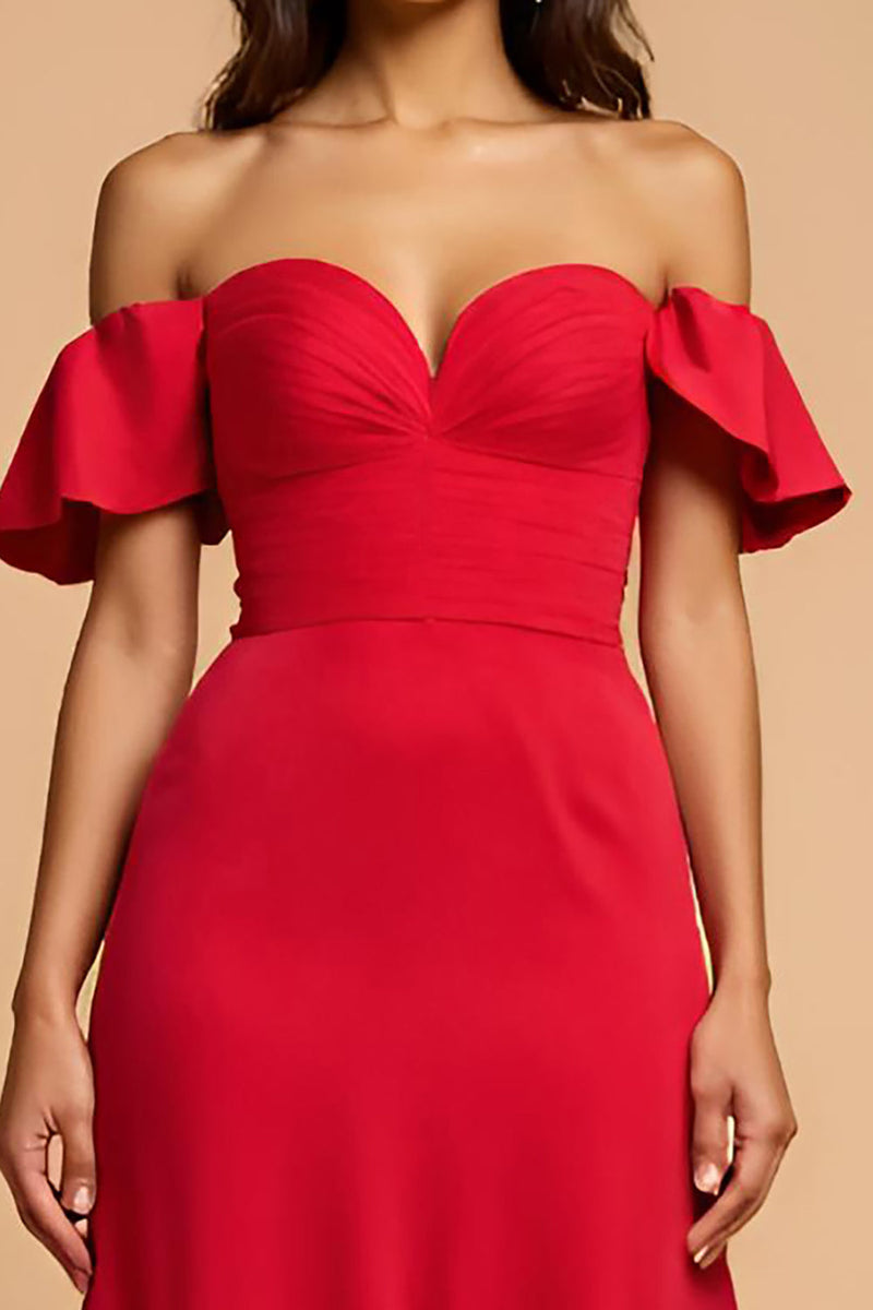 Load image into Gallery viewer, Elegant A Line Off The Shoulder Red Formal Dress With Ruffles