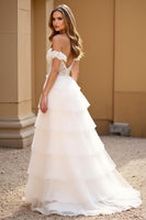 Load image into Gallery viewer, Off the Shoulder White Tiered Long Prom Dress with Slit