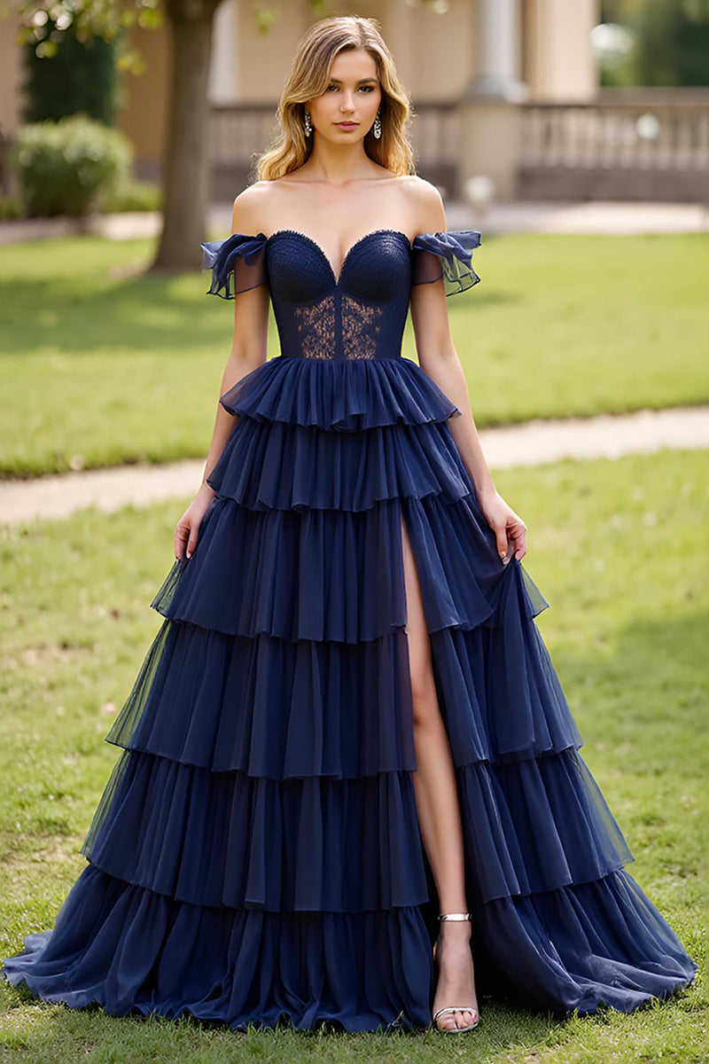 Load image into Gallery viewer, Off the Shoulder Navy A Line Tiered Long Prom Dress with Slit