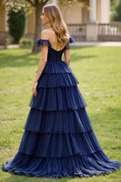 Load image into Gallery viewer, Off the Shoulder Navy A Line Tiered Long Prom Dress with Slit